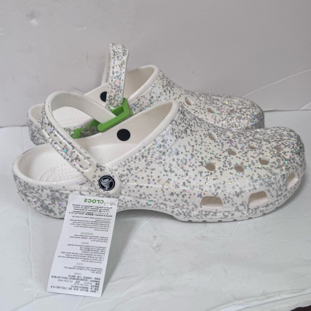 CROCS New Classic Starry Glitter Clogs Comfort Slide Metallic Shoe Mule White 13